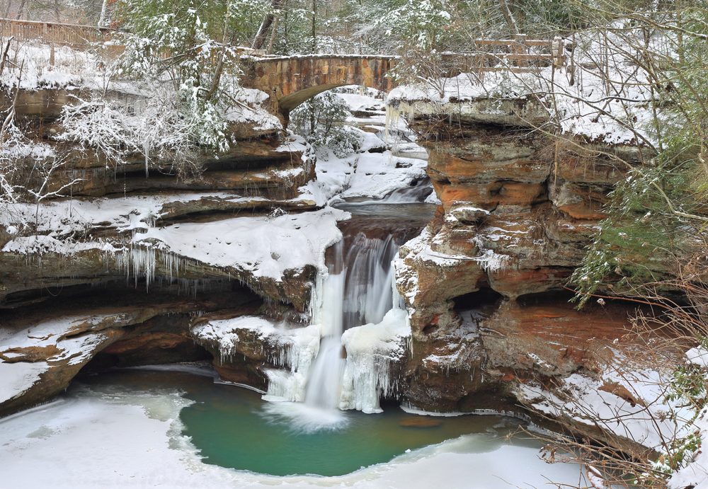 Old Man's Cave Upper Falls at Hocking Hills State Park, Ohio in winter.