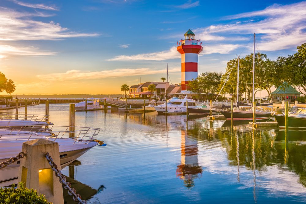 Hilton Head, South Carolina, lighthouse at dusk.