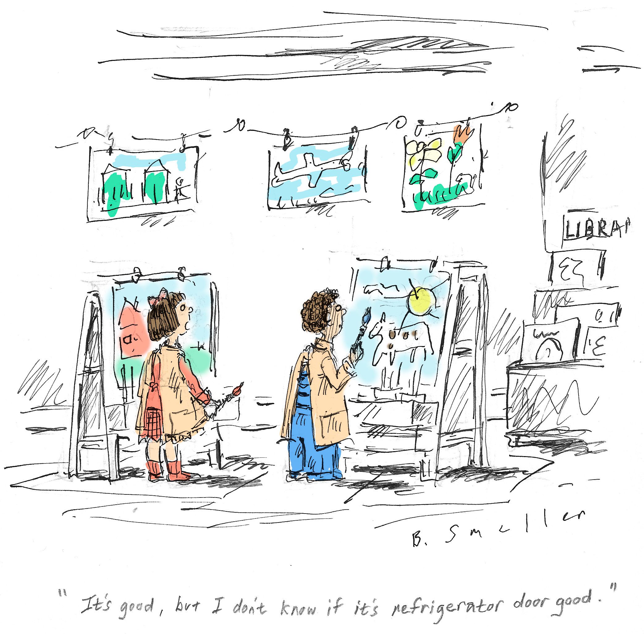 two students in art class; text reads, "it's good, but i don't know if it's refrigerator door good."