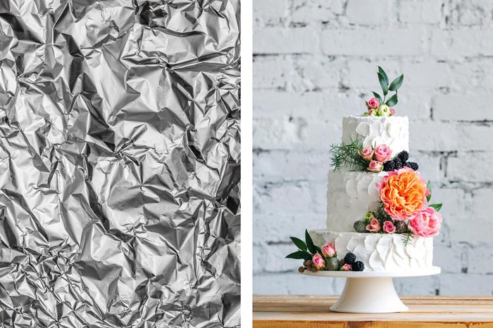 Aluminum foil texture next to big wedding cake