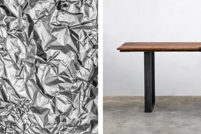 Aluminum foil texture next to close-up of a bench