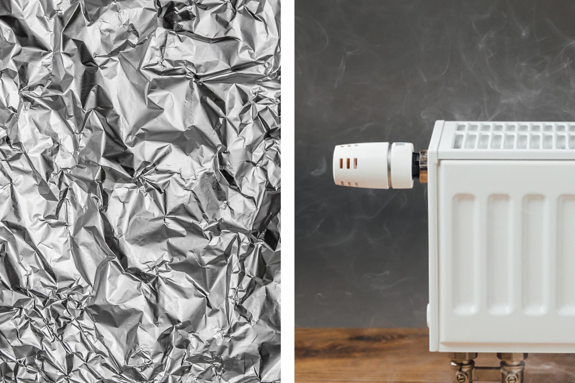 Aluminum foil texture next to close up of radiator cap