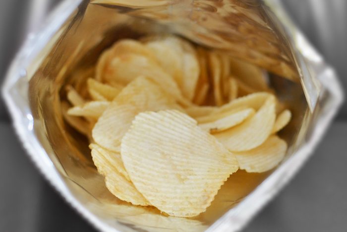 cose up of potato chips in bag