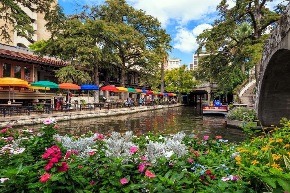 SAN ANTONIO, TEXAS, USA - SEP 29: Section of the famous Riverwalk on September 29, 2014 in San Antonio, Texas. A bustling place with many restaurants and bars.