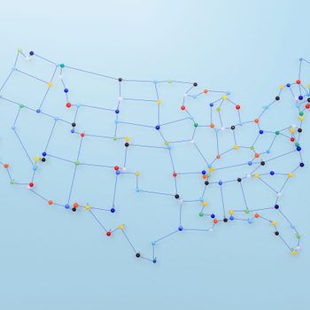 united states map made with pins and string on blue background