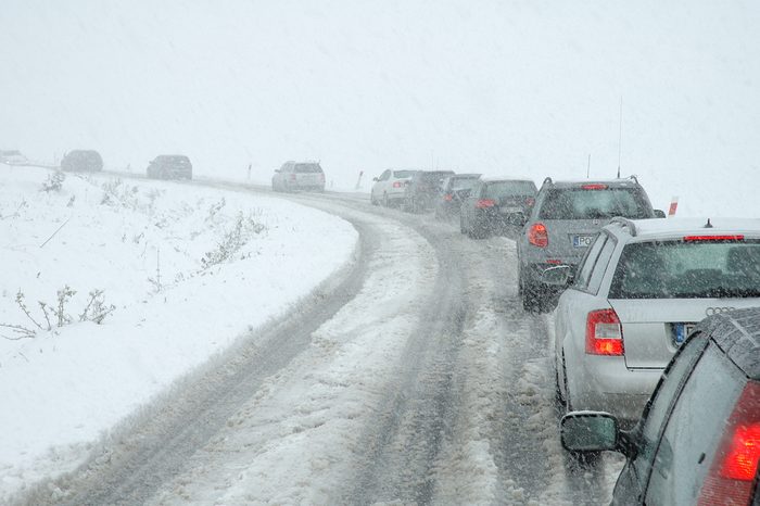 JELENIA GORA, POLAND - MAY 03: Traffic jam on mountain road caused by heavy snowfall on May 3, 2011 nearby Jelenia Gora Poland