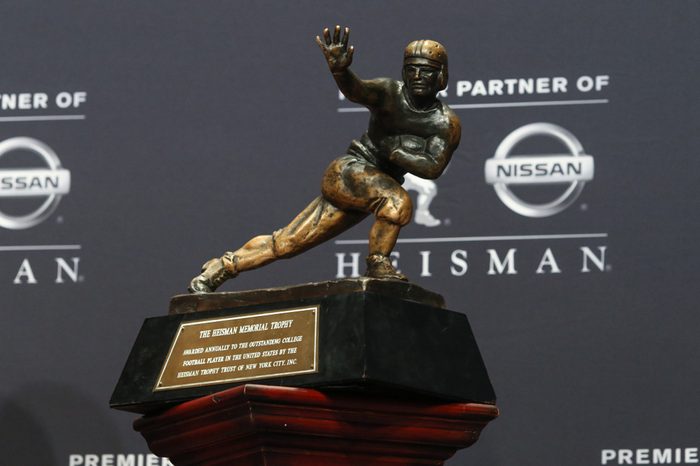 NEW YORK - DEC 8: The Heisman trophy during a press conference before the 84th Heisman Trophy Ceremony on December 8, 2018 at the New York Marriott Marquis in New York City.