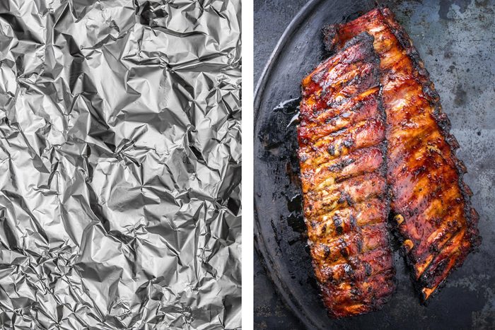 Aluminum foil texture next to barbecue in a drip pan
