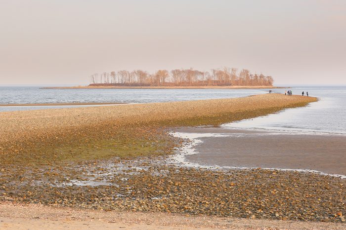 Silver Sand Beach at Sunset, Milford, Connecticut, USA. Silver Sands State Park is a public recreation area located on Long Island Sound in the city of Milford, Connecticut.