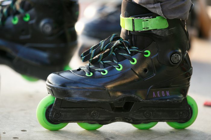 ODESSA,UKRAINE-21 AUGUST,2017:Aggressive in-line skates on roller skater feet.USD Aeon skates for extremal aggressive skating.Professional roller blades for extreme tricks