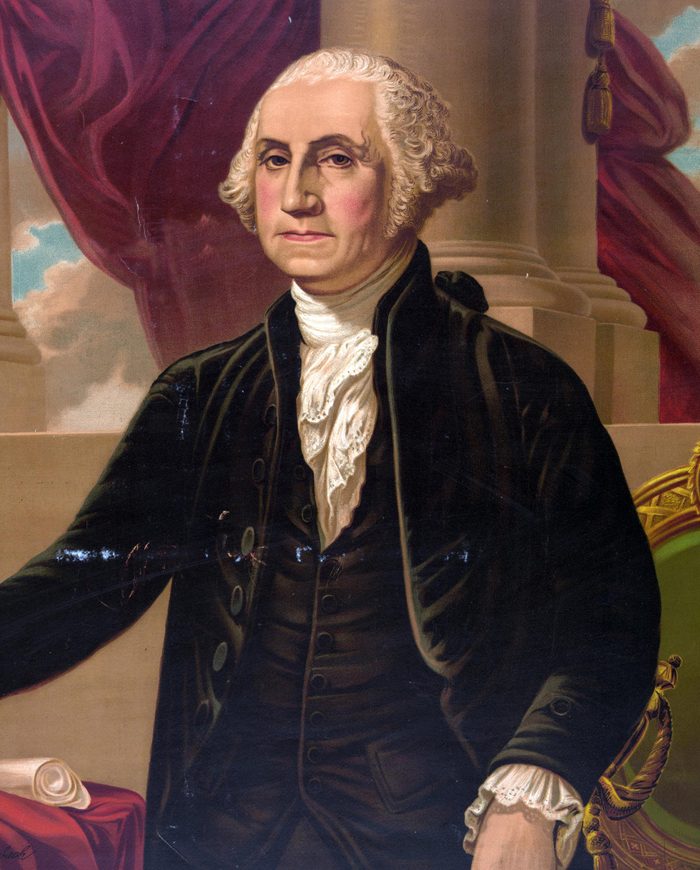 VARIOUS George Washington. Print showing George Washington, standing in front of a chair with right arm extended toward a table on the left and holding a sword in left hand.