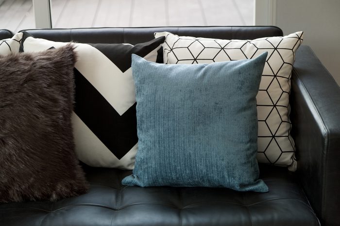 blue pillow on sofa at home.