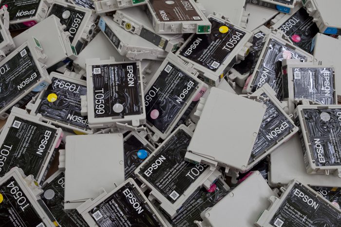 FALLS CHURCH, VA - JULY 18: A load of used non refillable OEM brand name ink cartridges going for plastic recycling lying on a heap on July 18, 2014 in Falls Church, VA.