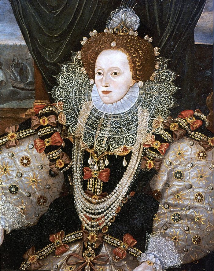 History Elizabeth I (1533-1603) Queen of England and Ireland from 1558, last Tudor monarch. Version of the Armarda portrait attributed to George Gower c1588.
