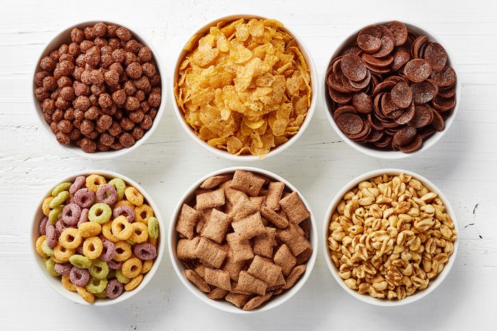 Bowls of various cereals from top view