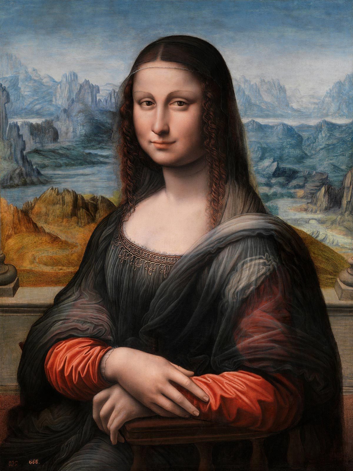 VARIOUS Painting titled 'Mona Lisa' by Leonardo da Vinci (1452-1519) Italian Renaissance polymath: painter, sculptor, architect, musician, mathematician, engineer, inventor, anatomist, geologist, cartographer, botanist, and writer. Dated 15th Century