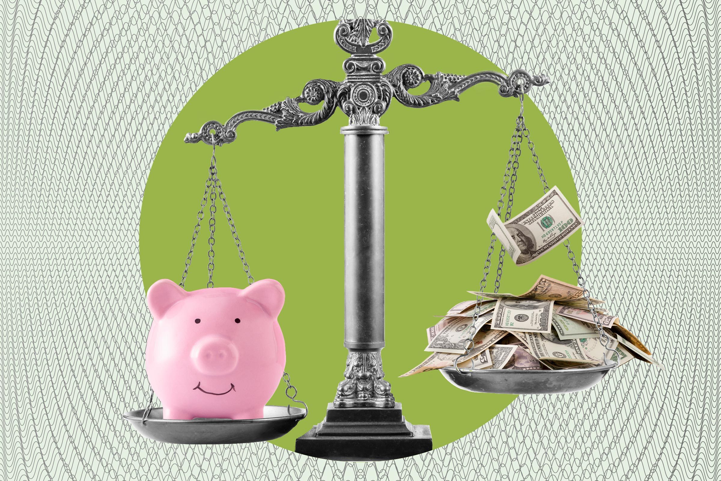 a judge scale with a piggy bank on one side and a stack of money on the other