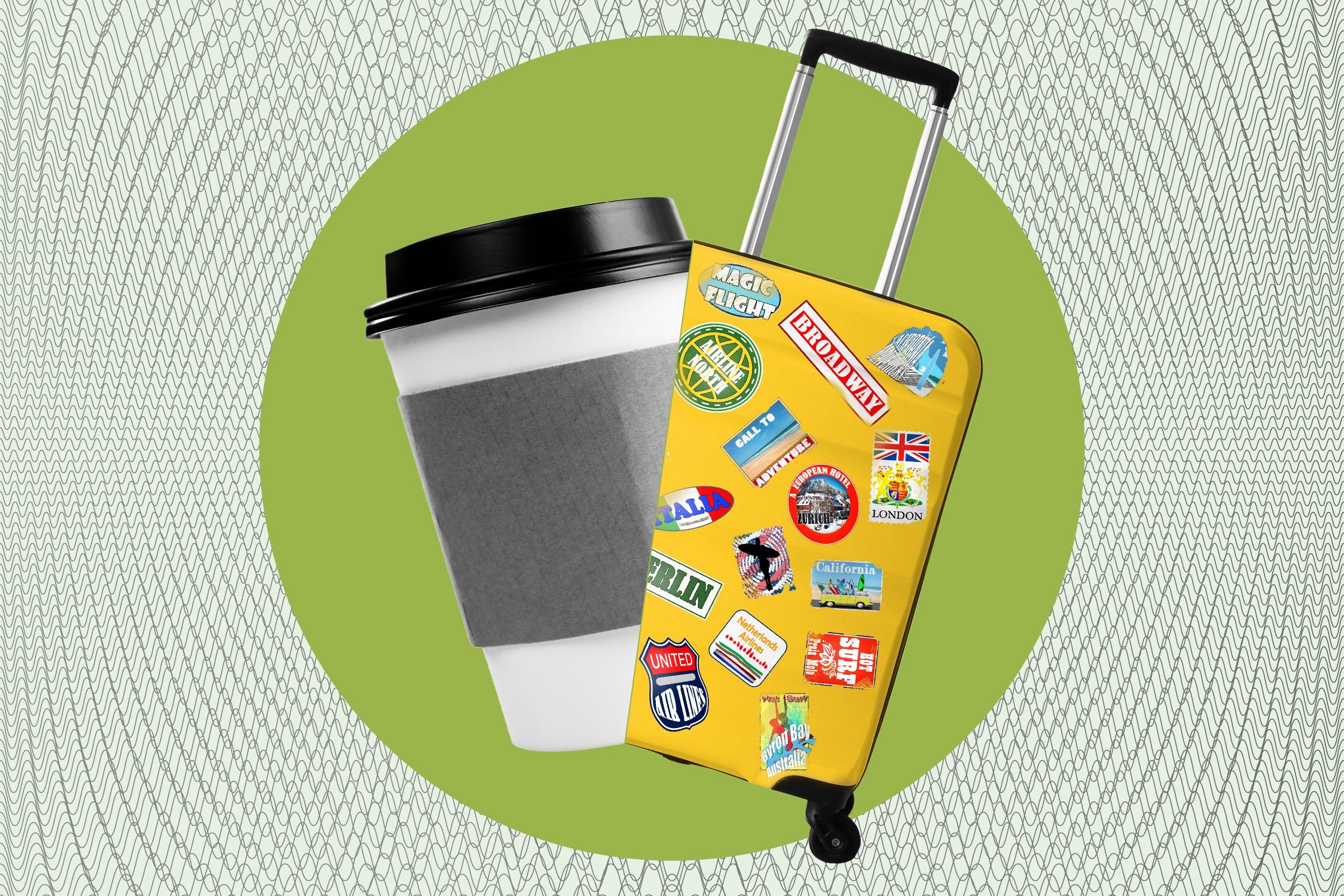 a to go coffee mug and a yellow suit case with stickers