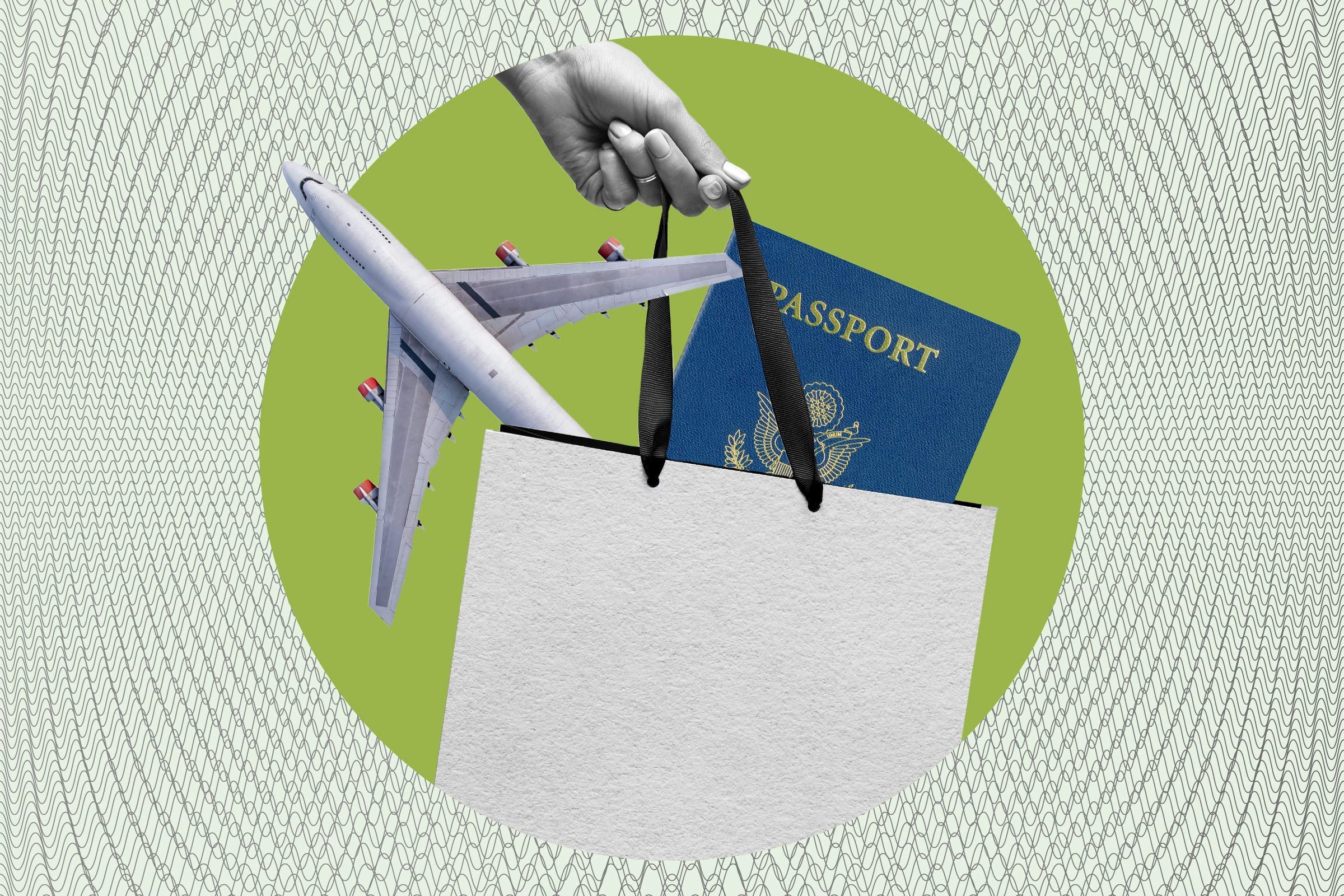 a hand holding a shopping bag with an airplane and passport coming out of the bag