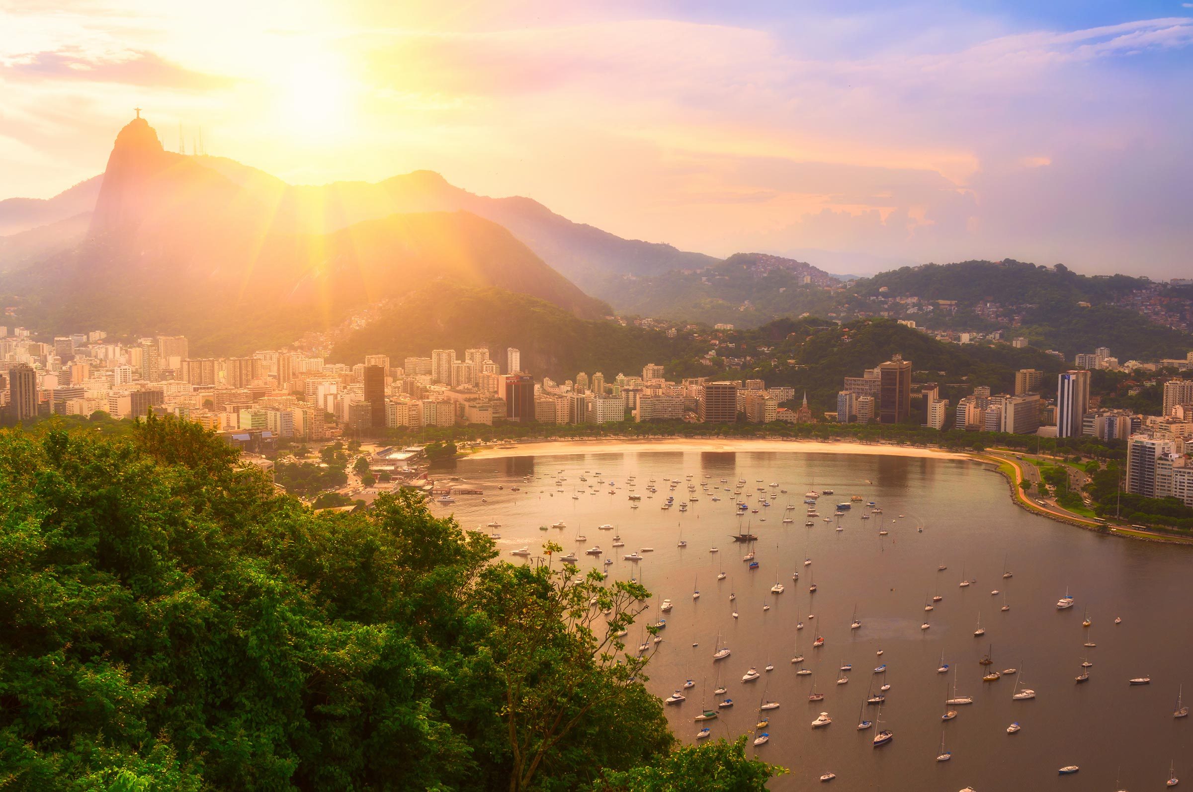 Sunset view of Corcovado and Botafogo in Rio de Janeiro. Brazil