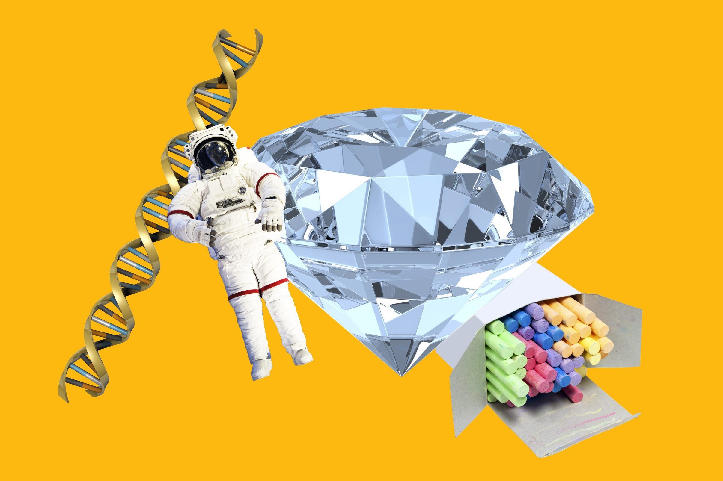 collage of scientific concepts; dna, astronaut, diamond, chalk