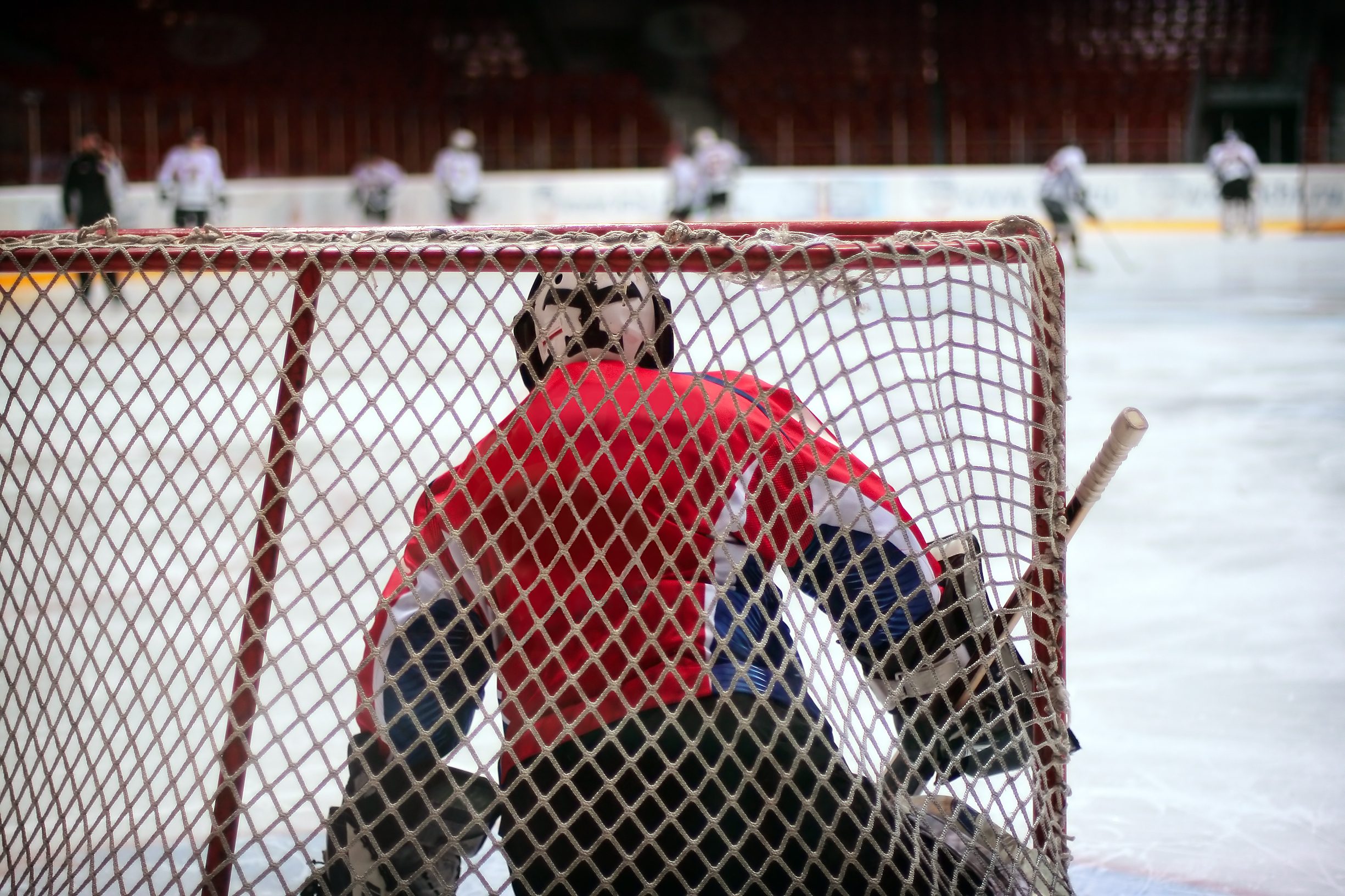 Hockey goalie in generic red equipment protects gate