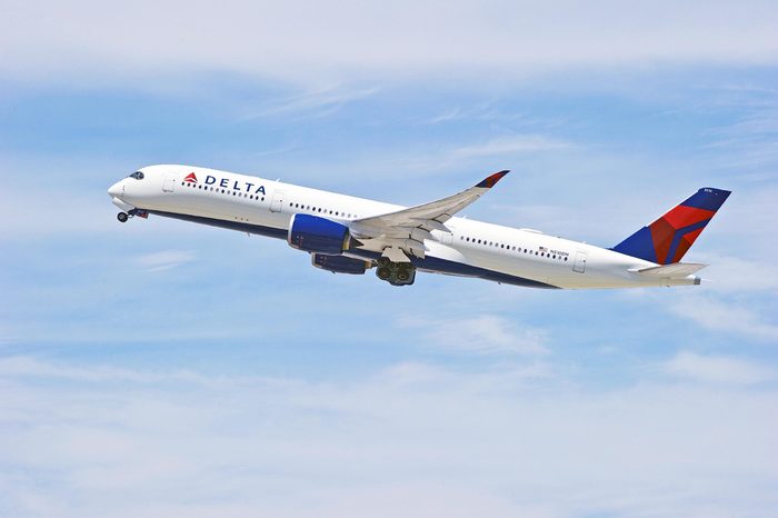 LOS ANGELES/CALIFORNIA - JULY 21, 2018: Delta Air Lines Airbus A350 is airborne as it departs Los Angeles International Airport. Los Angeles, California USA