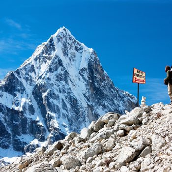 signpost way to mount everest b.c., Khumbu glacier and man, Nepal Himalayas mountains