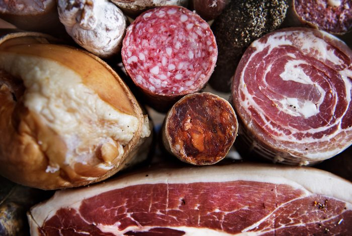 Closeup of charcuterie meat products
