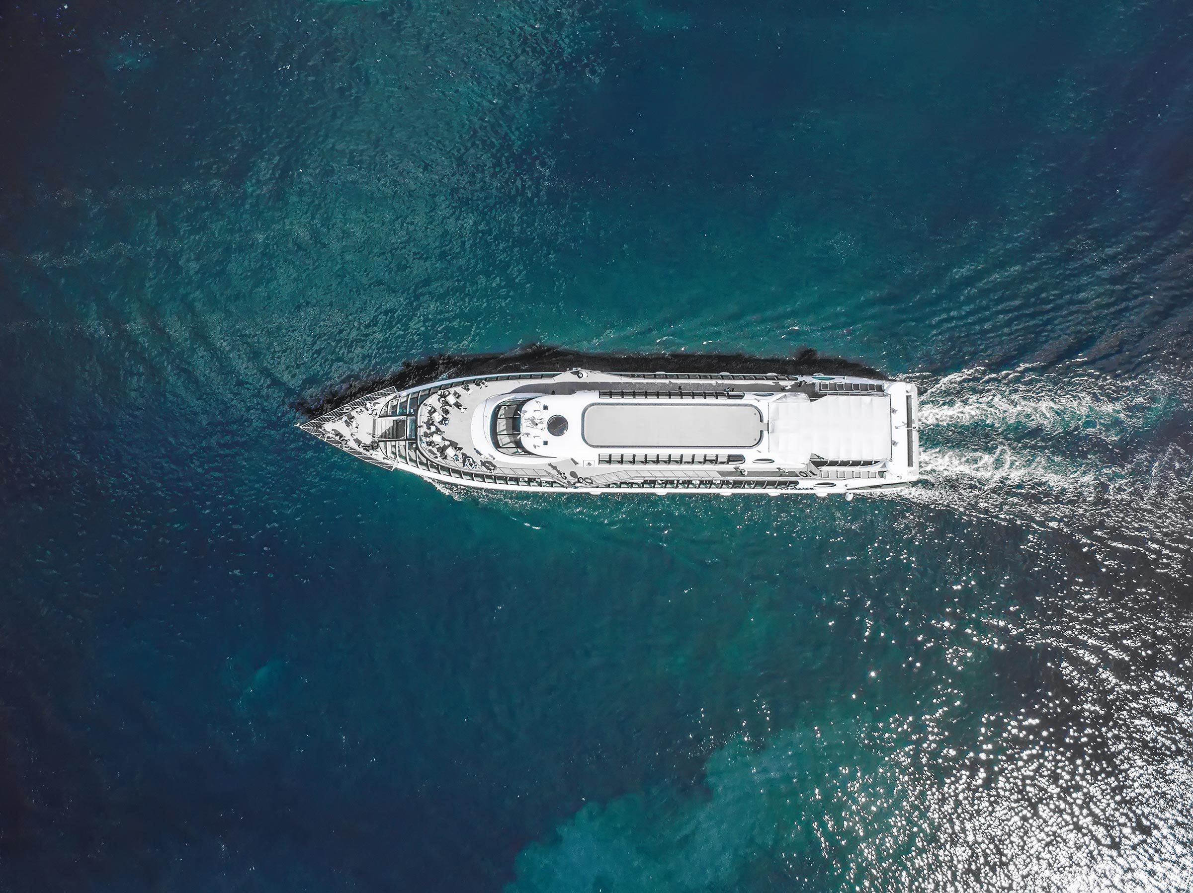 Drone aerial view on small cruise ship