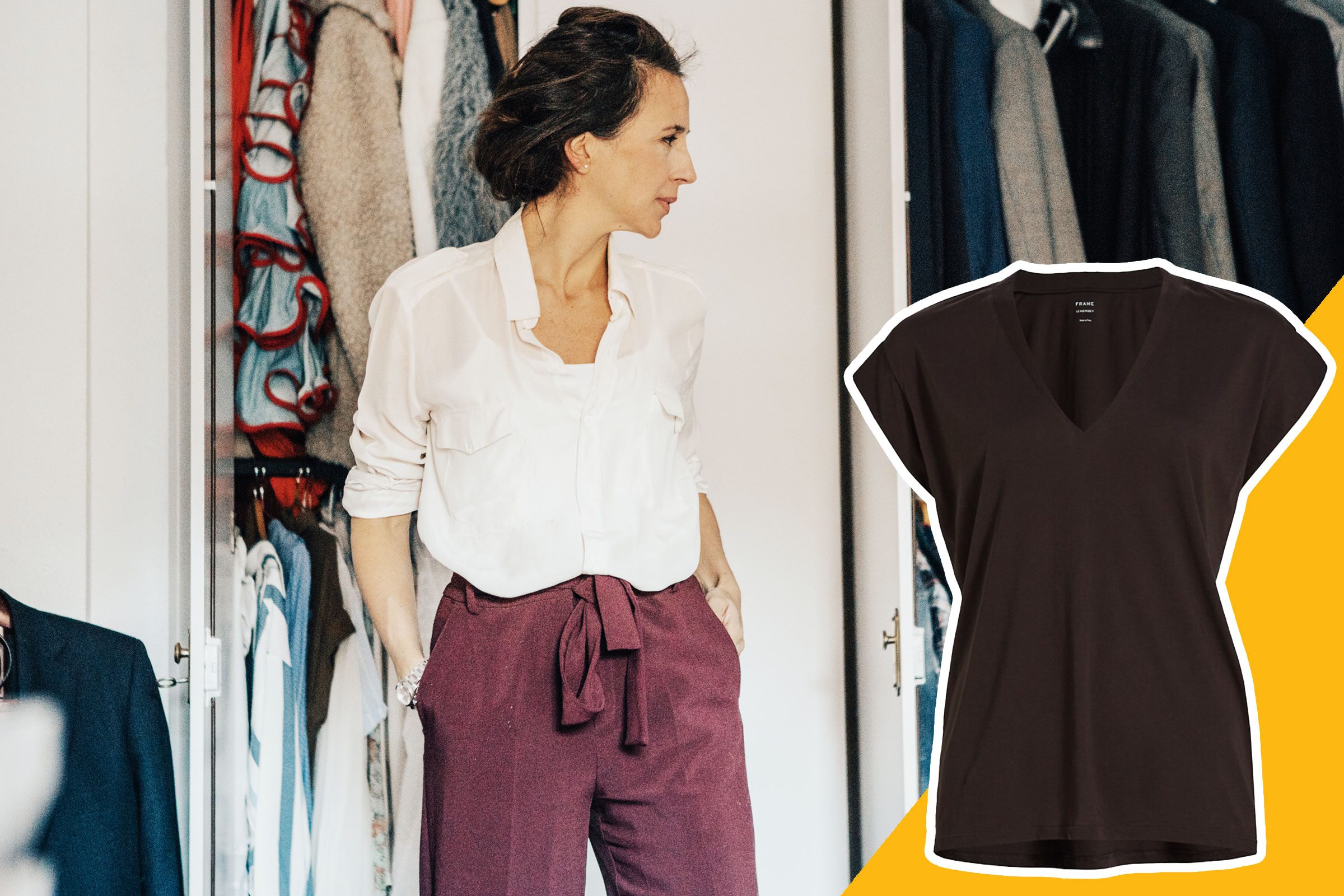 woman trying on clothes with inset of shirt to buy