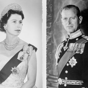 black and white side by side Portraits of Queen Elizabeth II and Prince Philip in Royal Attire