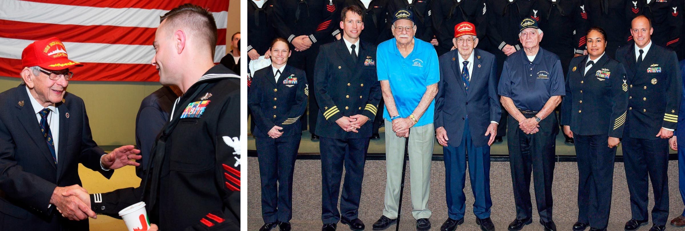 the 1945 indianapolis crew greets sailors on the ship’s new version, launched in 2018.