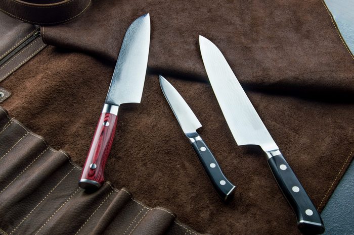 Excellent set of Japanese chef's knives from Damascus steel. View from above