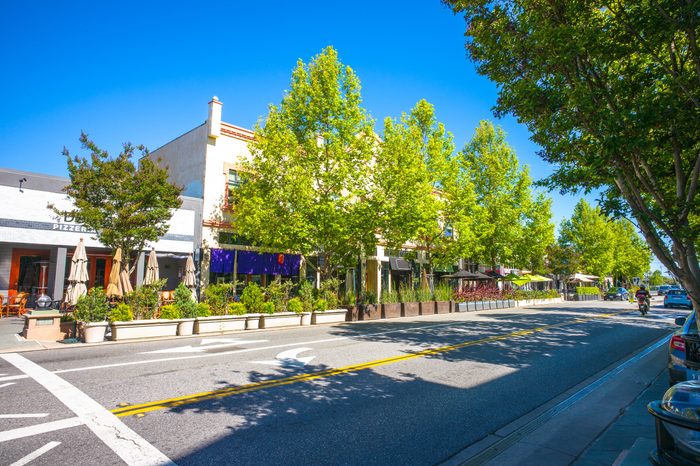 Castro Street in downtown Mountain View, California, USA. Morning sunshine.