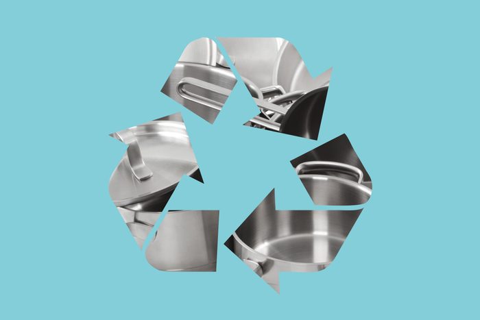 pots and pans in a recycle symbol on a blue background