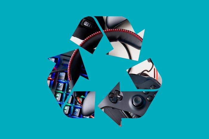 xbox and video games in a recycle symbol on a blue background