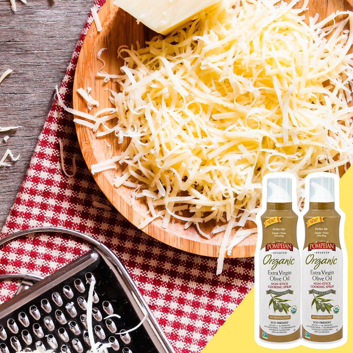 Olive oil spray in grated cheese