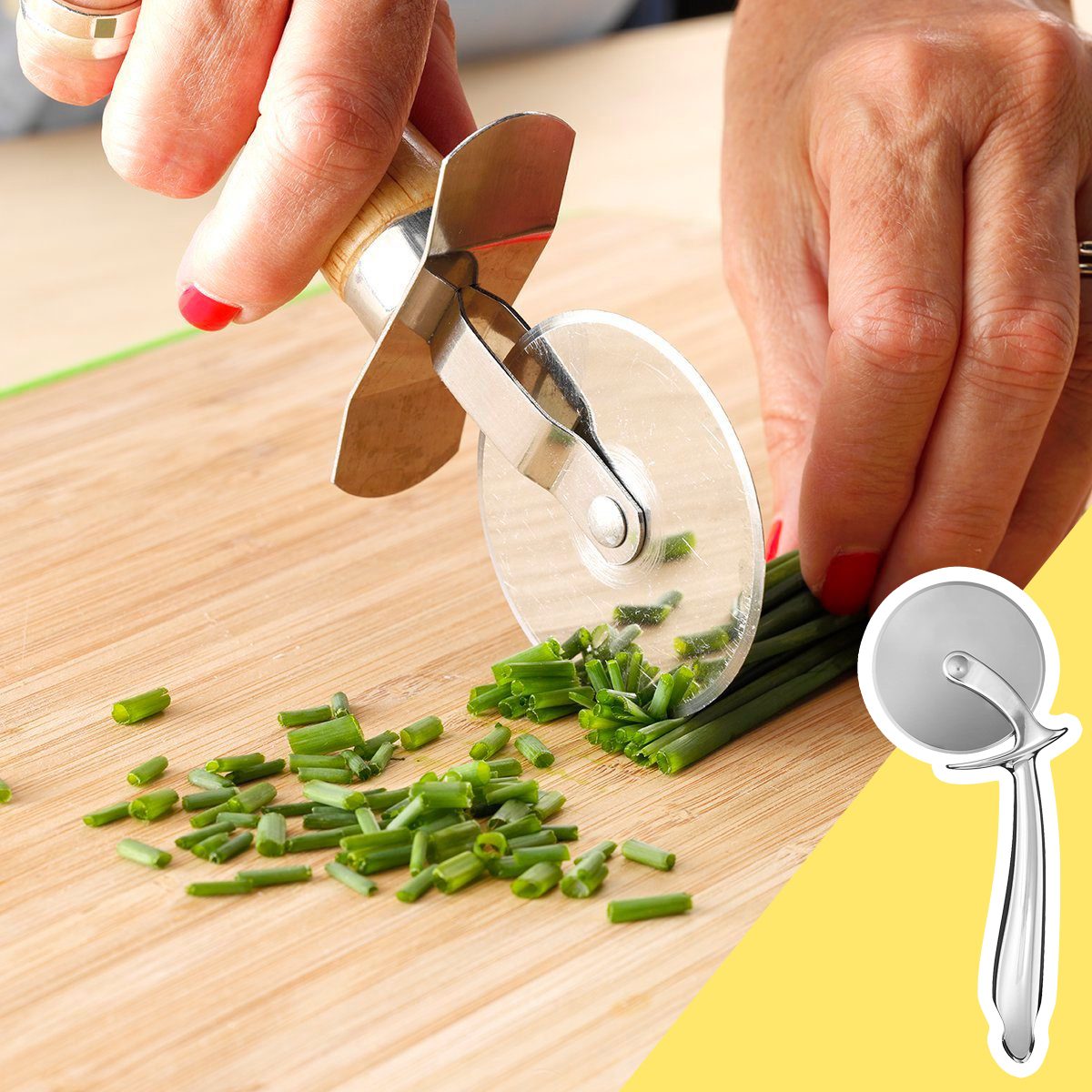 Pizza cutter cutting scallions, kitchen hack