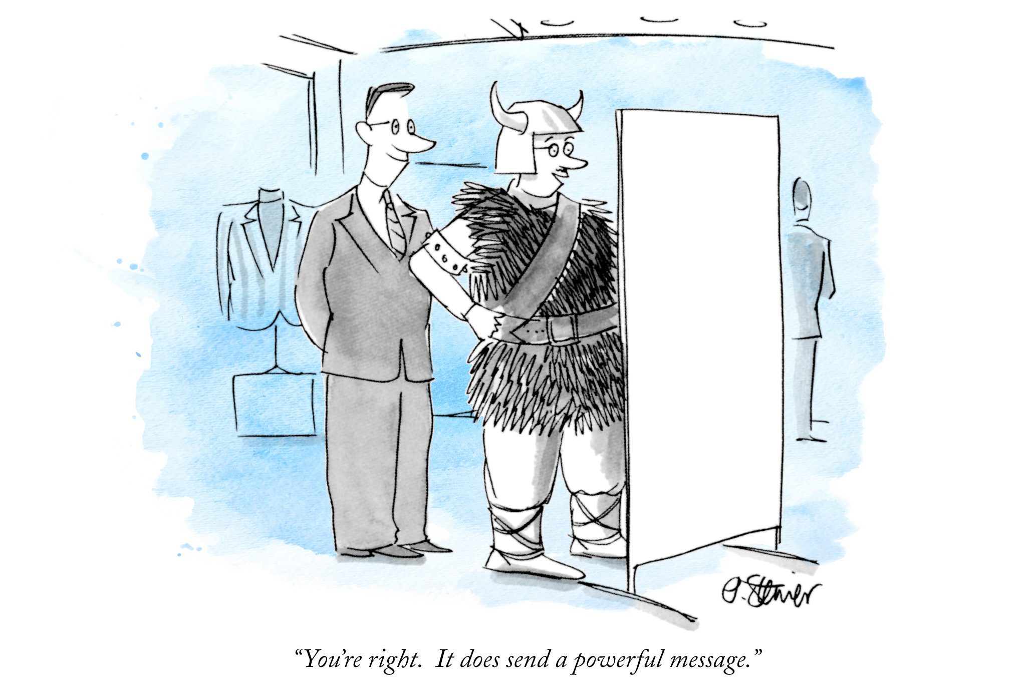 a man trying on a viking outfit in a suit store standing next to the salesmen; "you're right. it does send a powerful message."