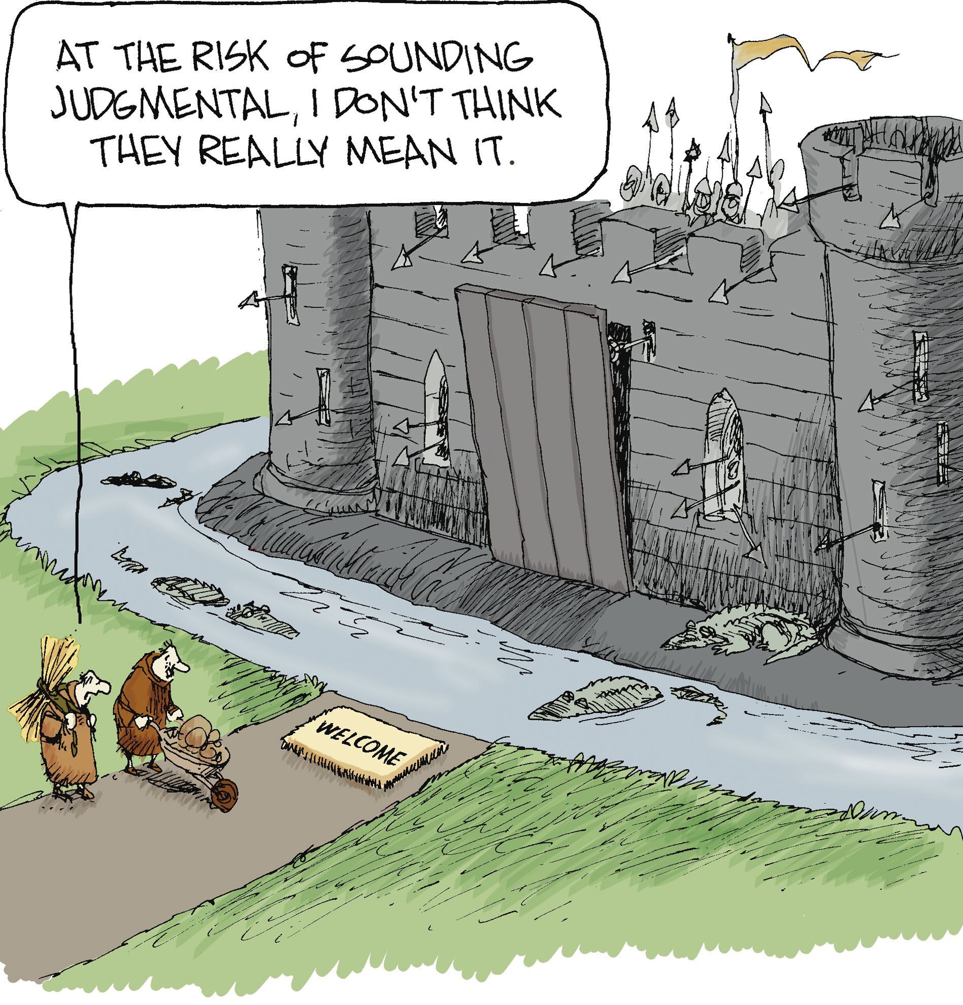 two figures discuss a welcome mat on the outter side of a moat at a castle gate