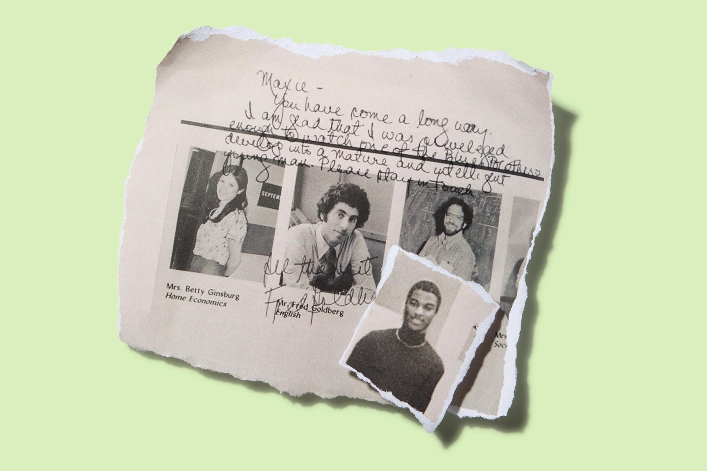 “You have come a long way,” Fred Goldberg (center) wrote to Maxie Jones (inset) in his 1980 high school yearbook.