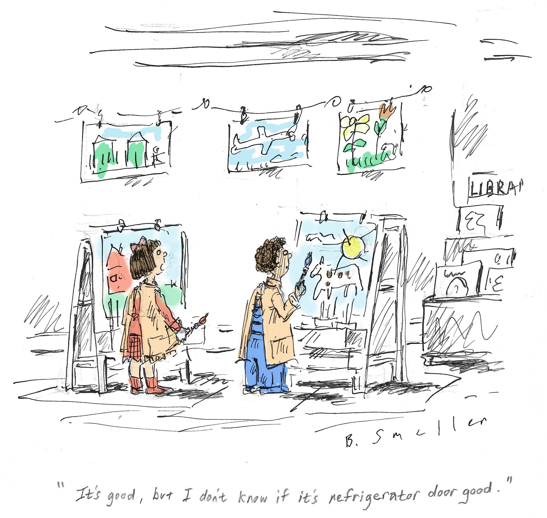 two kids in art class; one says to the other, "its good, but i dont know if its refrigerator door good."