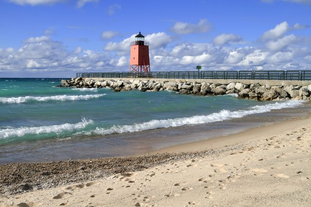 Waves roll in on a fall day at the beach of Charlevoix, Michigan. 