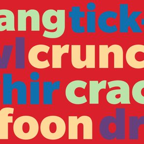 Onomatopoeia (clang, tick-tock, owl, crunch, whir, crack, buffoon, drop) examples collage