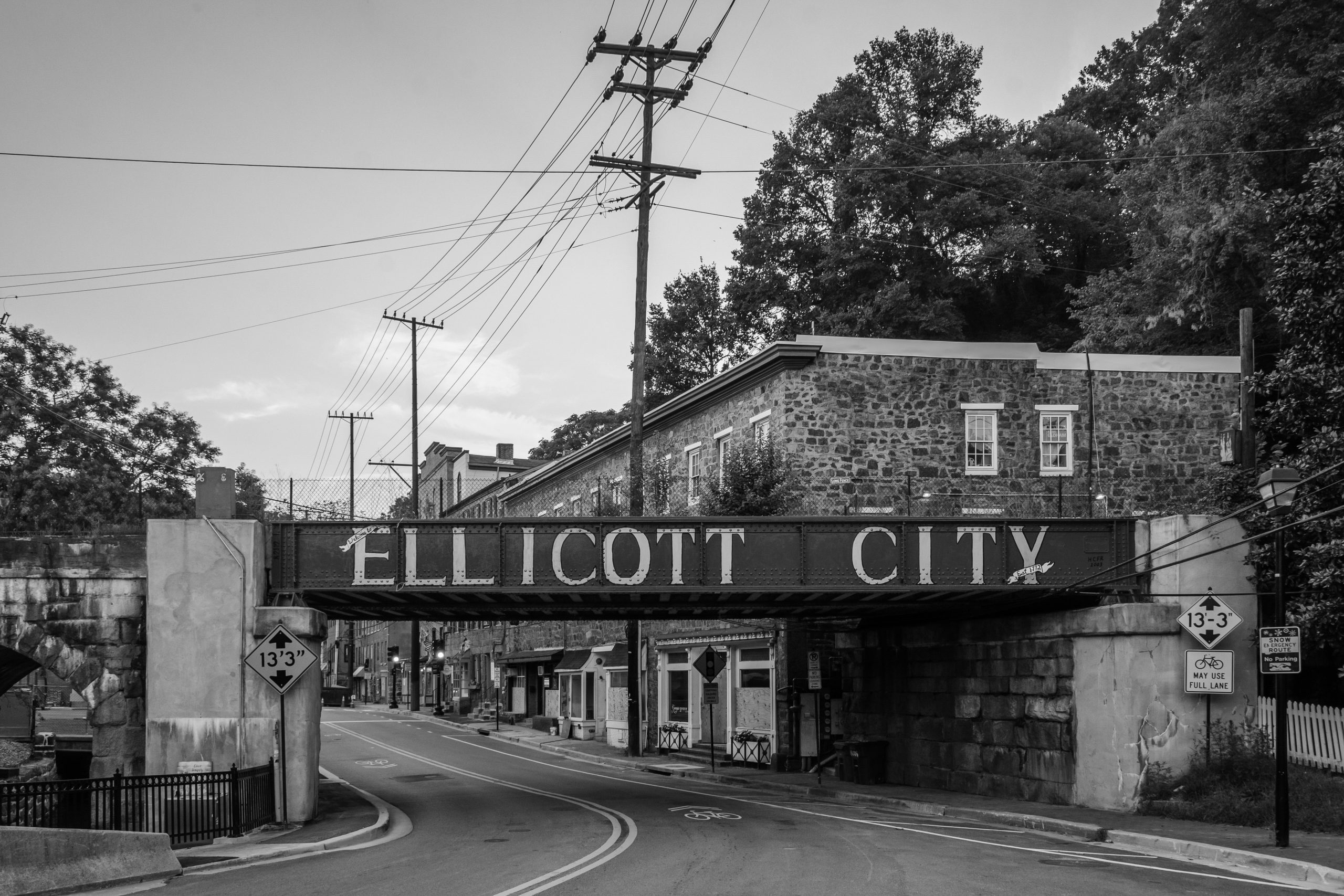 Ellicott City sign on train bridge, in Ellicott City, Maryland