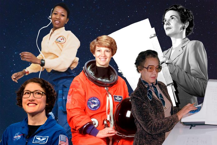 Women Of Nasa collaged against a starry sky background
