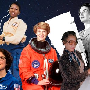 Women Of Nasa collaged against a starry sky background