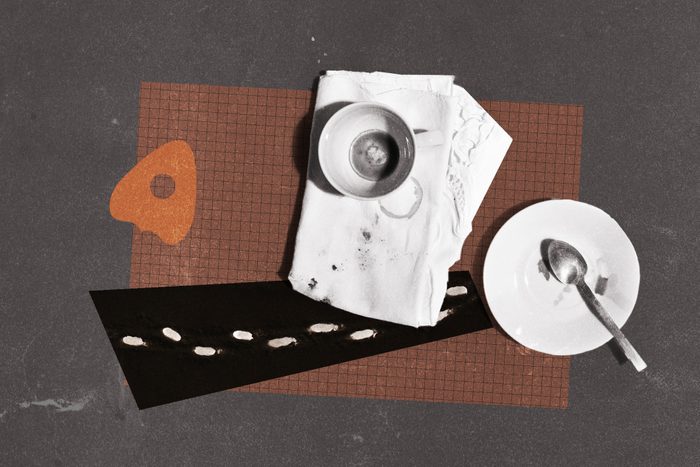 Planchette in collage with footsteps and a dirty coffee mug