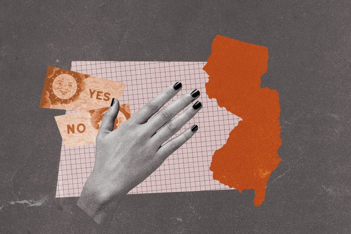 Ouija board yes and no options collaged with hand and New Jersey cutout